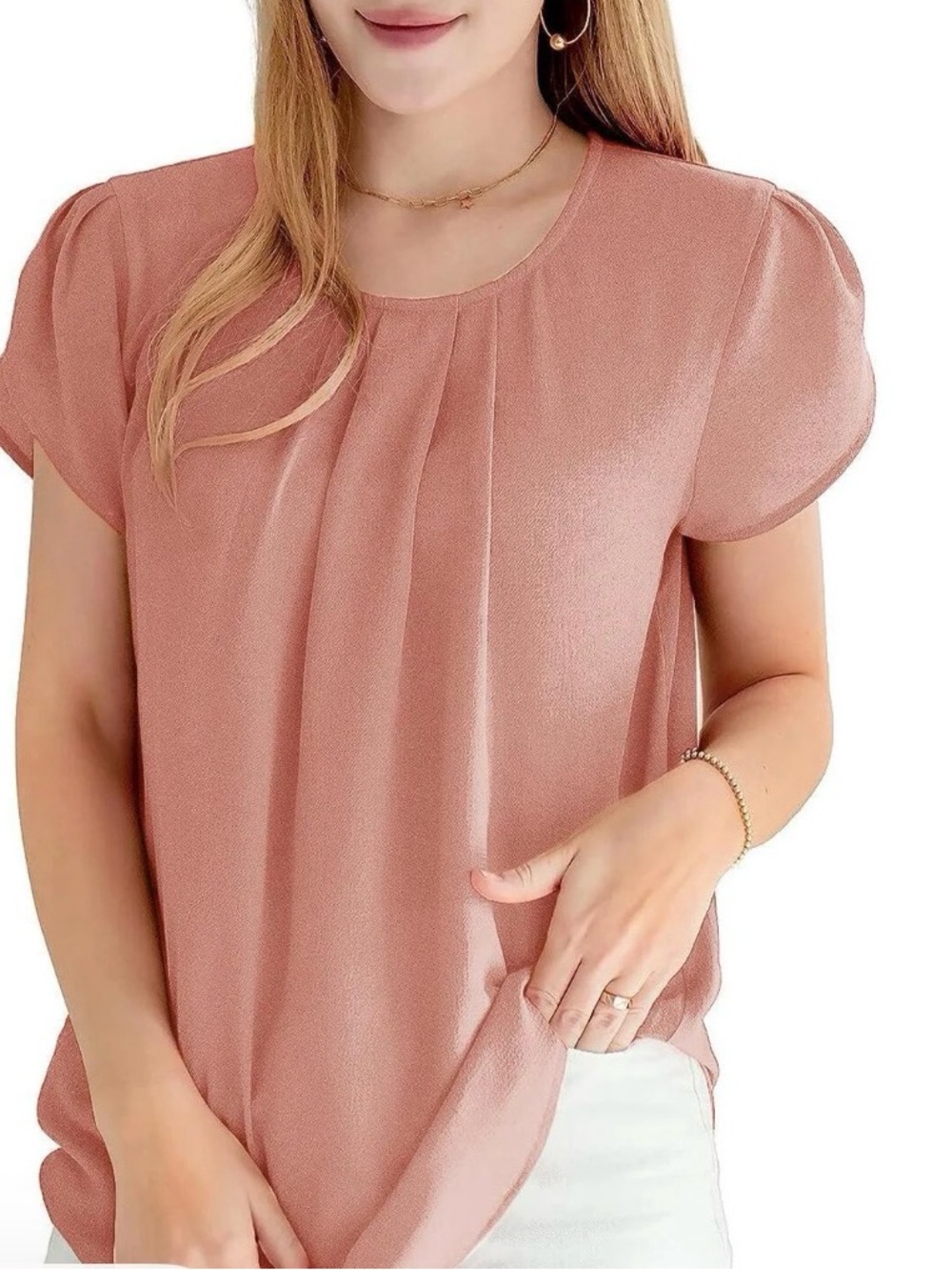 Dusty Rose Pleated Short Sleeve Blouse